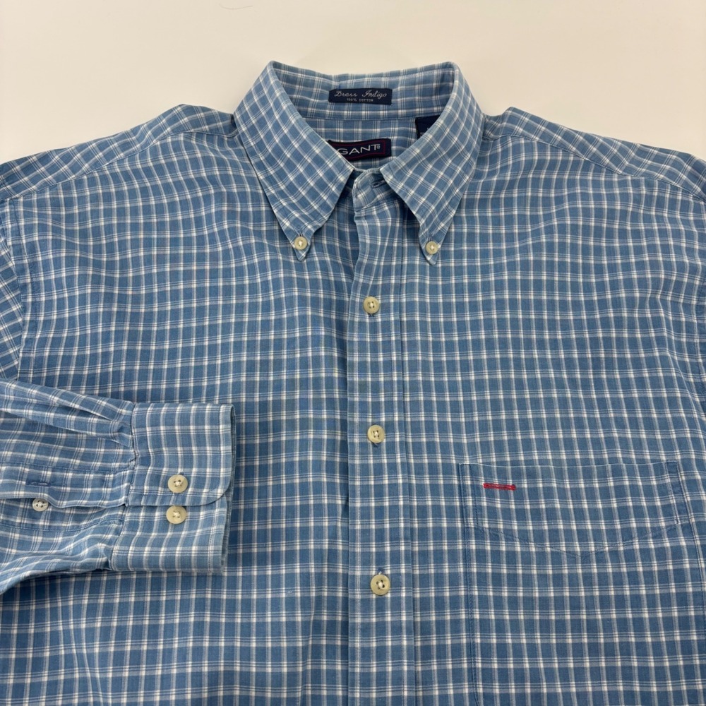 Gant Button Down Shirt Mens Medium Blue White Plaid Cotton Dress Indigo Check